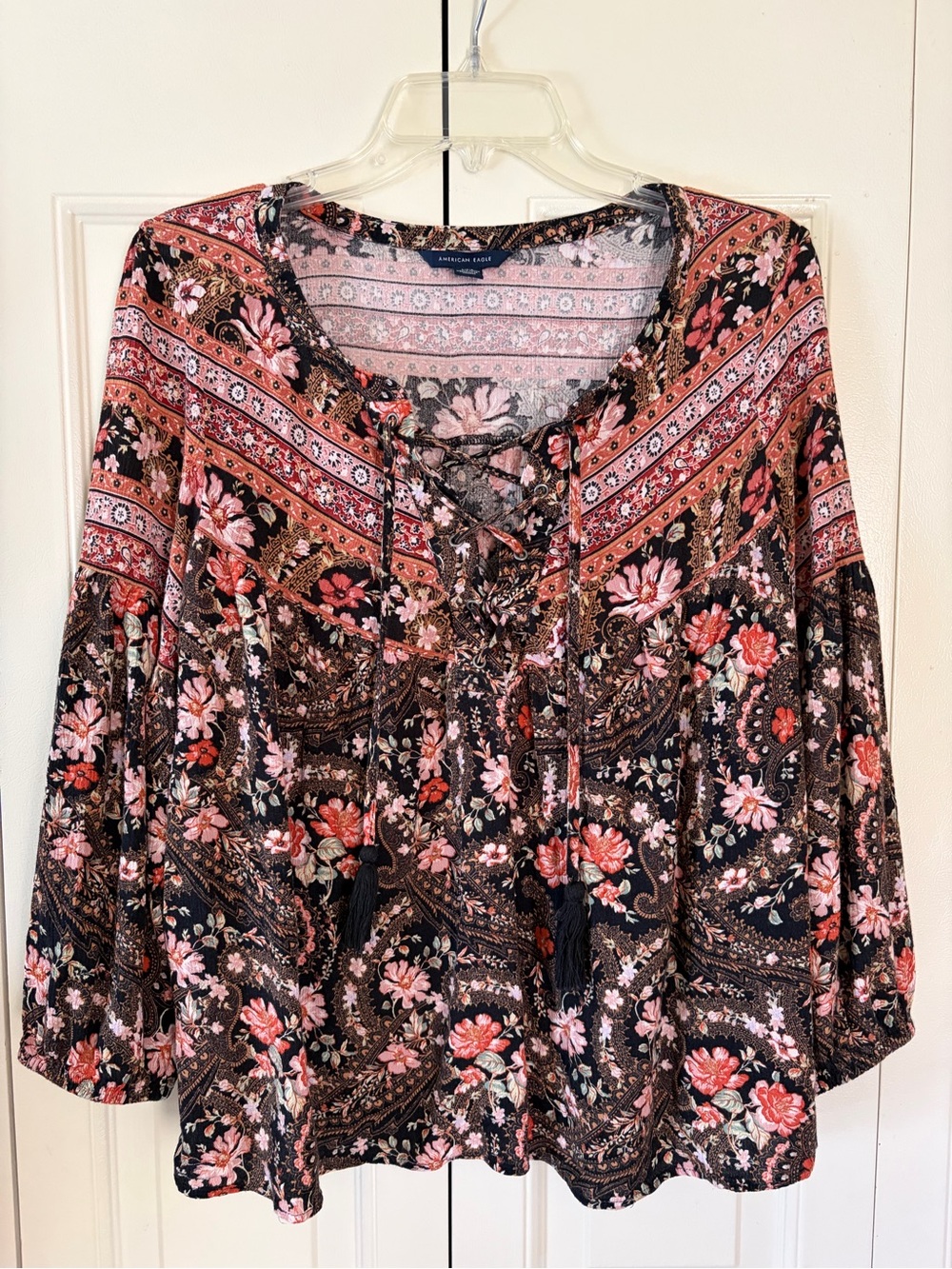 American Eagle Boho Cottagecore Peasant Top Floral Fall Size LG Lace Up Indie